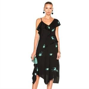 Diane Von Furstenberg Asymmetrical Ruffle Dress Ceres Black Bird Print